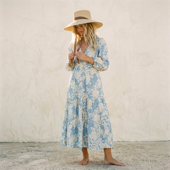 Aly Daly Dresses & Skirts - Like NEW Aly Daly blue and cream spring Floral Midi Dress, Large